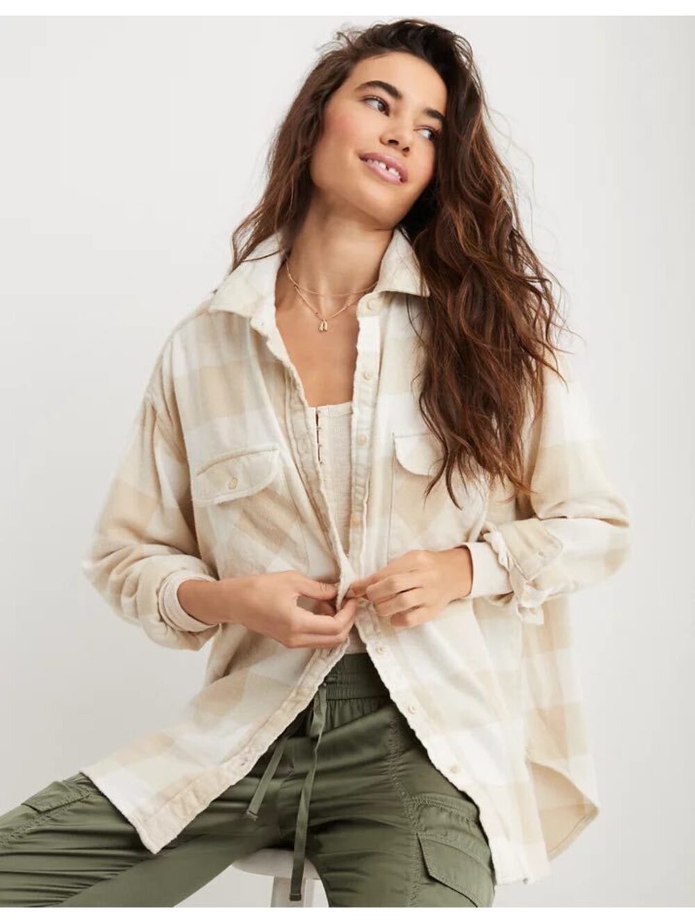 Aerie LumberJane Flannel Shirt Size L Soft Oat Oversized